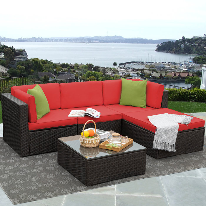 Latitude Run® 5 Piece Rattan Sectional Seating Group with Cushions